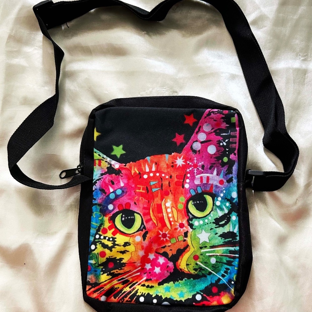 CROSSBODY, FABRIC, DEAN RUSSO ARTIST LICENSED ITEM, MULTICOLOUR CAT FACE FRONT,
